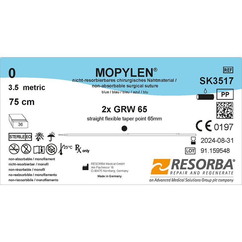 Мопілен USP0 синій, довжина 75см, дві колючі прямі гнучкі голки 65мм